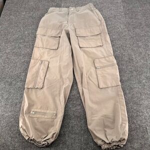 Y2K Cargo Parachute Tactical Pants Women Small Multi-Pocket Zipper‎ Khaki Baggy